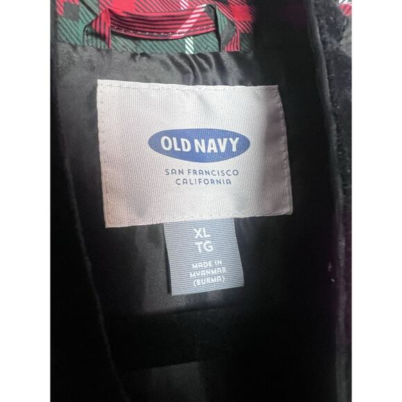 Old Navy Womens Red Plaid Quilted Puffer Vest Size XL Black Velvet Trim Gold Zip - Picture 4 of 8